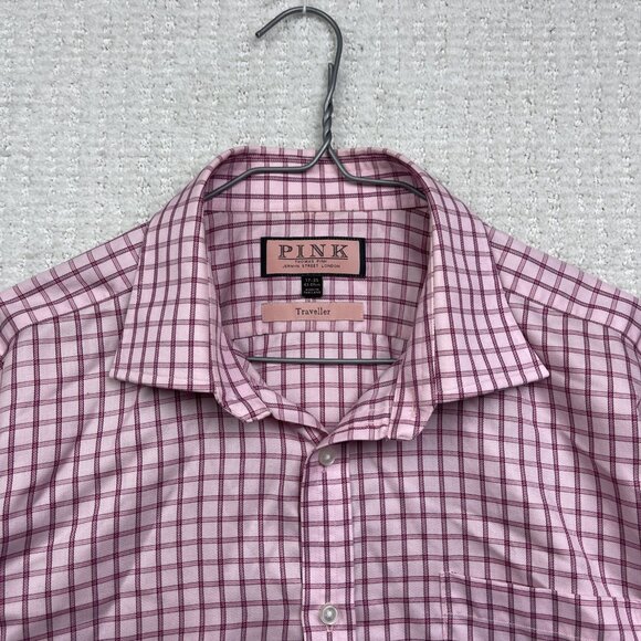 Thomas Pink Dress Shirt Mens 17-35 Pink Plaid Checks Classic Fit Traveller - Picture 2 of 12